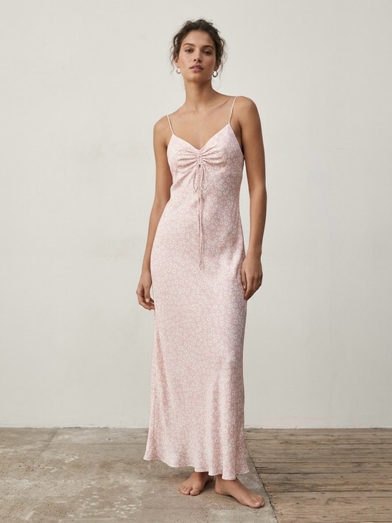 Zara Dresses & Skirts - Zara Pink Daisy Floral Slip Maxi Dress Ruched Tie Front Satin size L